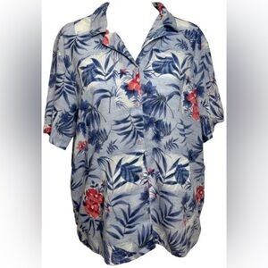 Vintage L Classic Elements Blue Floral & Plant Leaf Hawaiian Short Sleeve Blouse